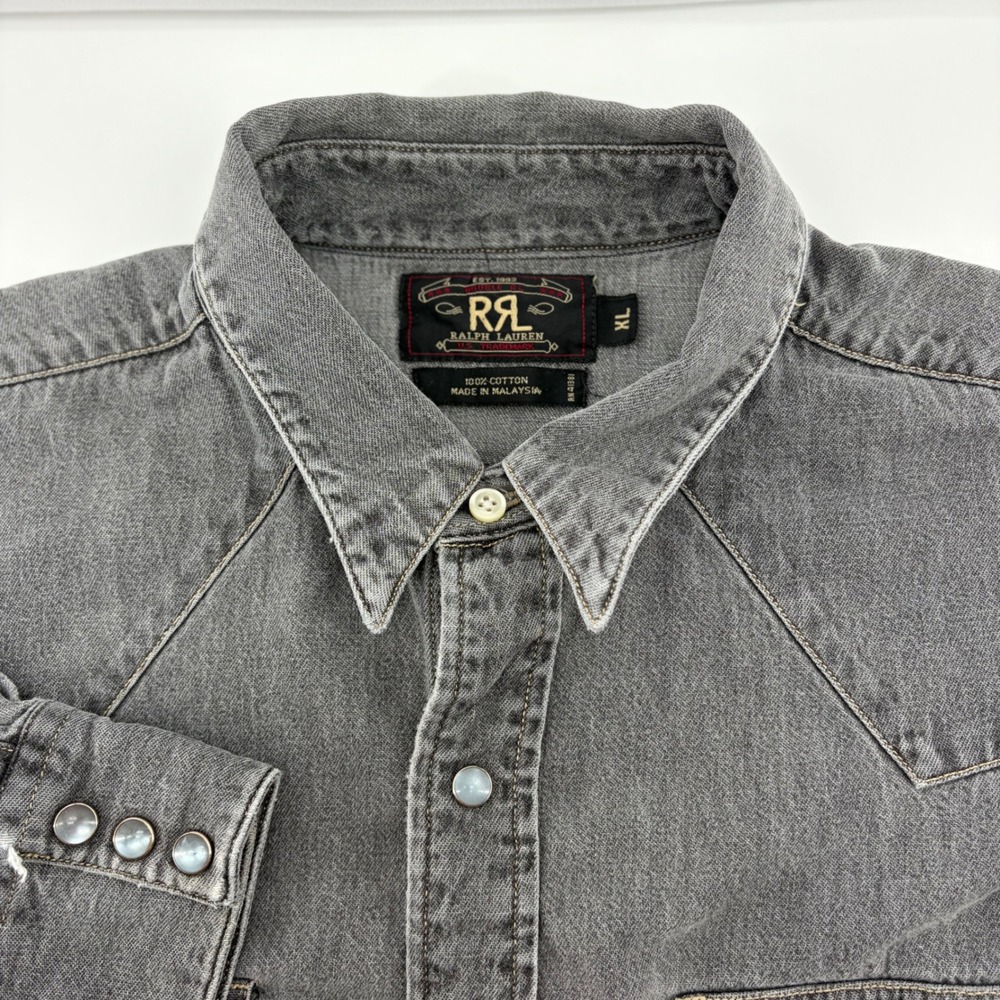 RRL Ralph Lauren Mens XL Gray Denim Western Pearl Snap Shirt Distressed L S